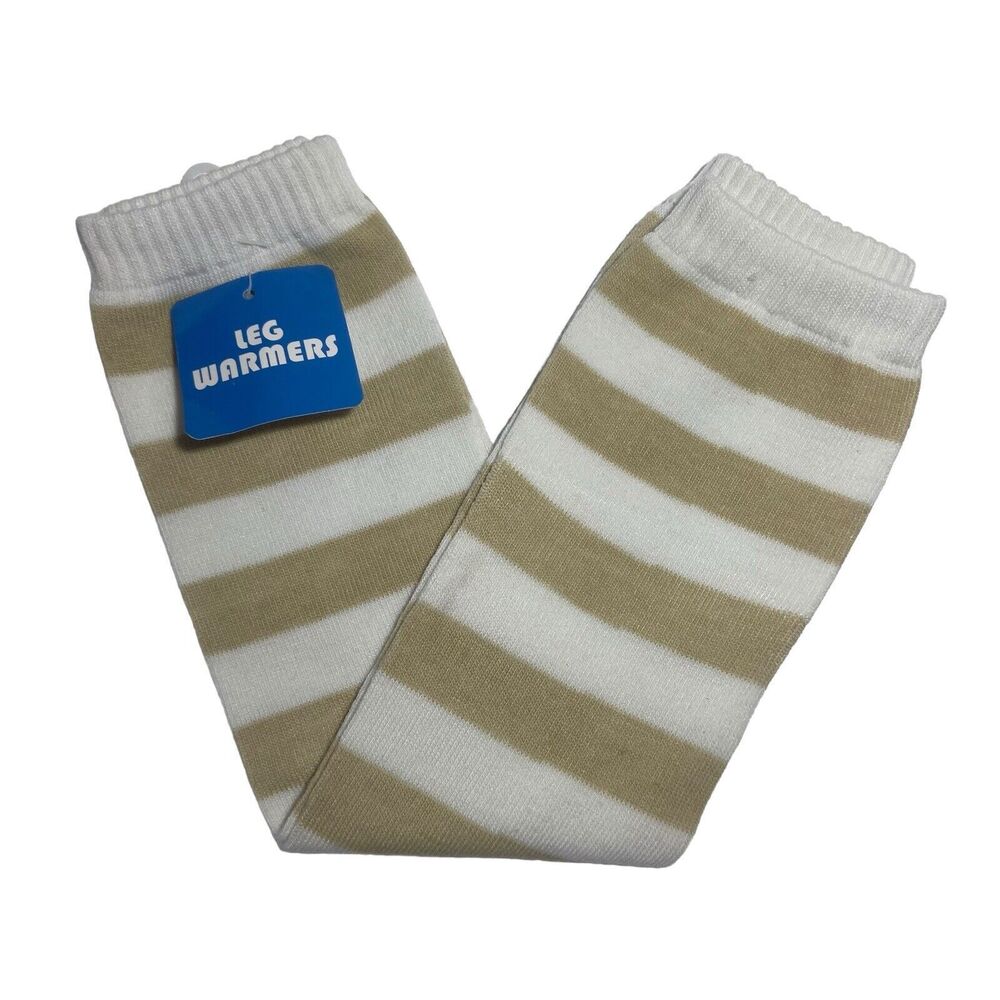 Women's One Size Knit High Leg Warmers Socks White Beige Striped Cotton Blend